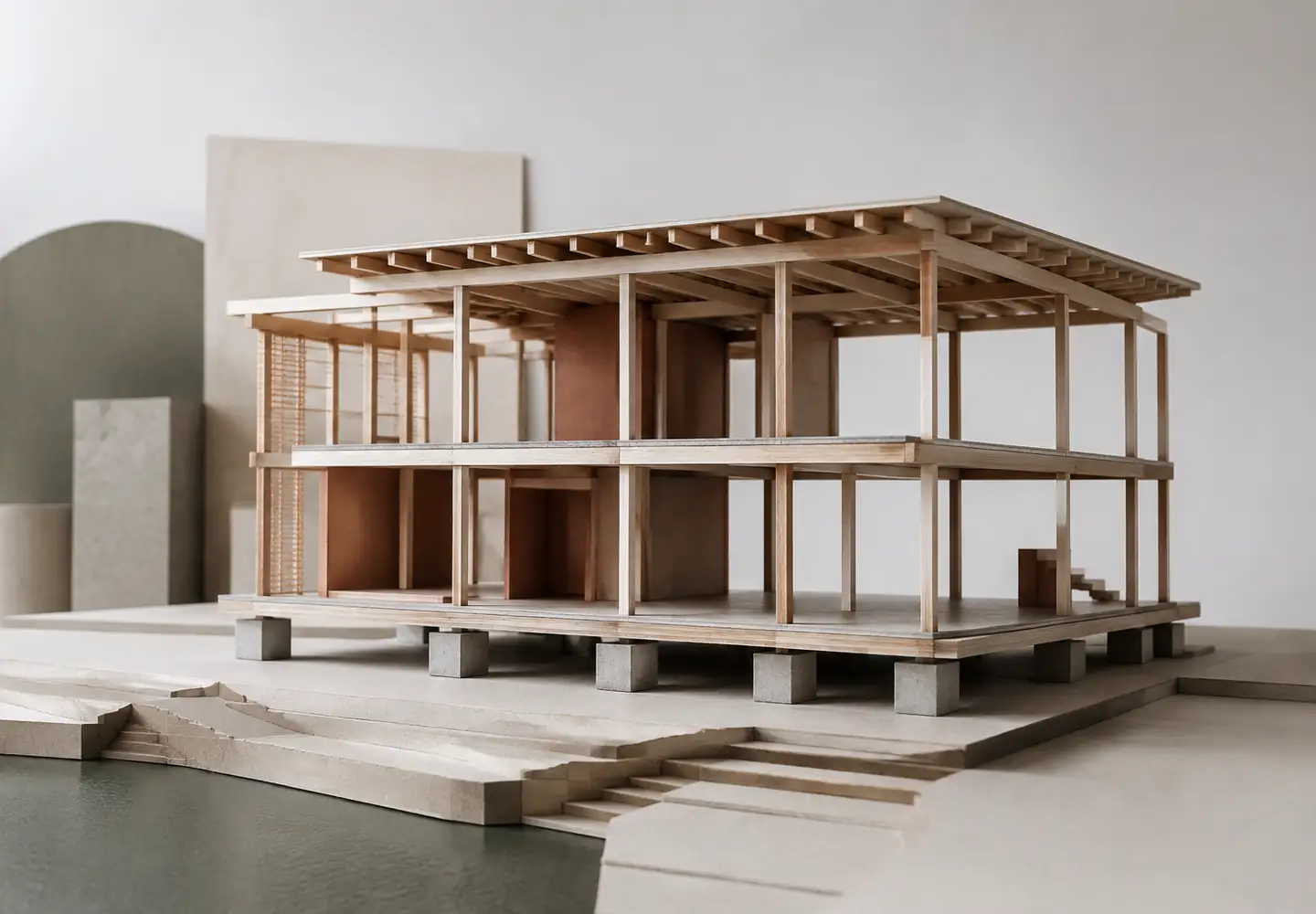 Maqueta de madera de una vivienda con pilares, vigas, forjados y cimentación a la vista